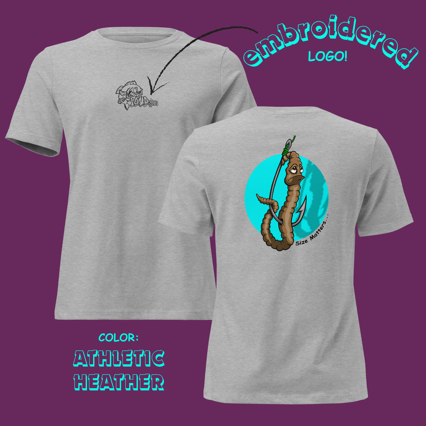 Gray t-shirt with embroidered logo on front and back, on a purple background