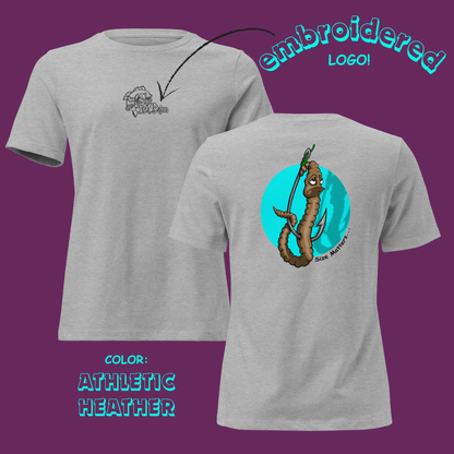 Gray t-shirt with embroidered logo on front and back, on a purple background