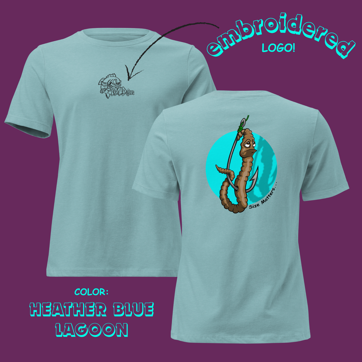 Heather blue lagoon t-shirt with embroidered logo on front and illustration on back against a purple background
