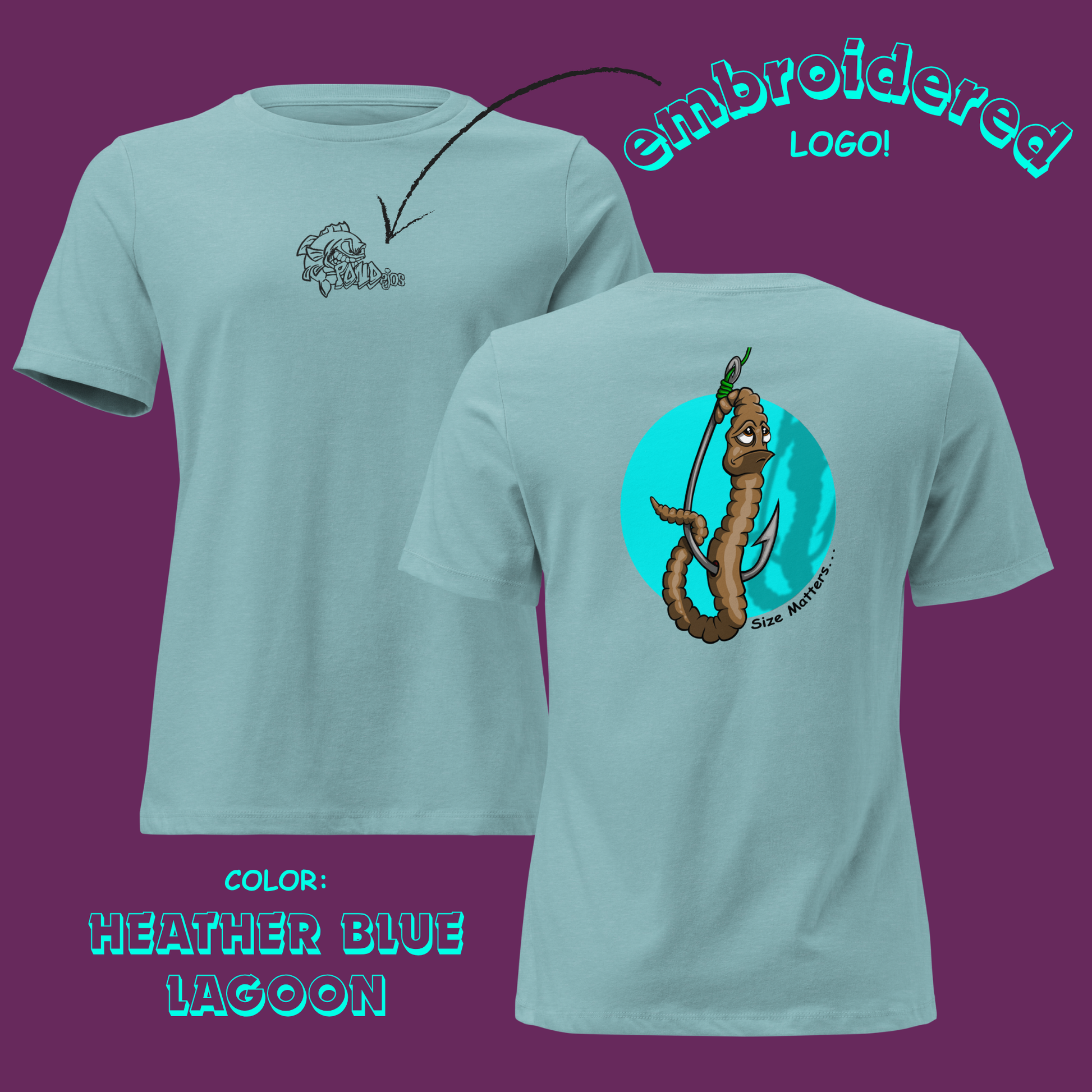 Heather blue lagoon t-shirt with embroidered logo on front and illustration on back against a purple background