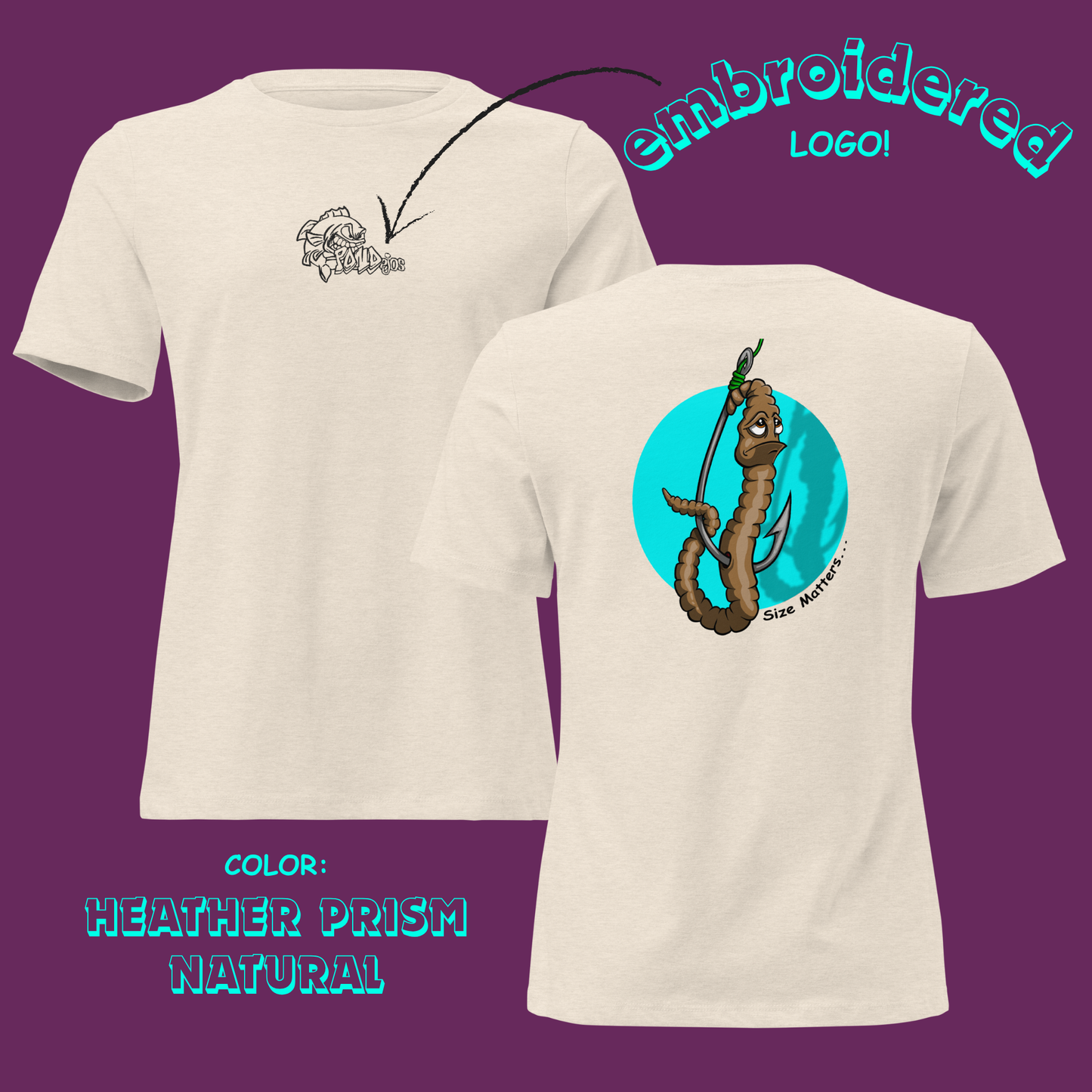 Beige t-shirt with embroidered logo on front and sea monster design on back, on a purple background.