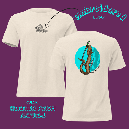 Beige t-shirt with embroidered logo on front and sea monster design on back, on a purple background.