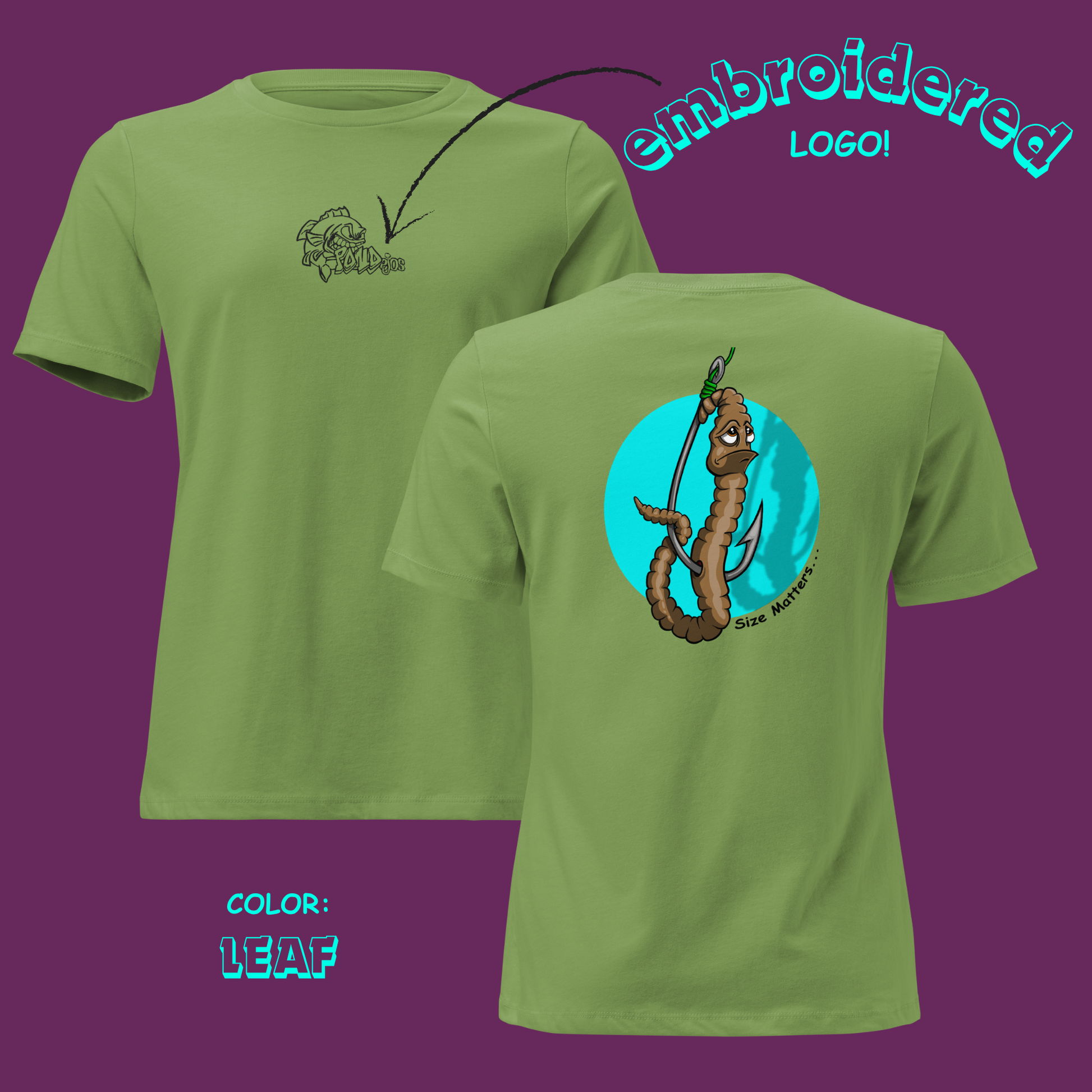 Green t-shirt with embroidered logo on front and cartoon design on back, against a purple background.