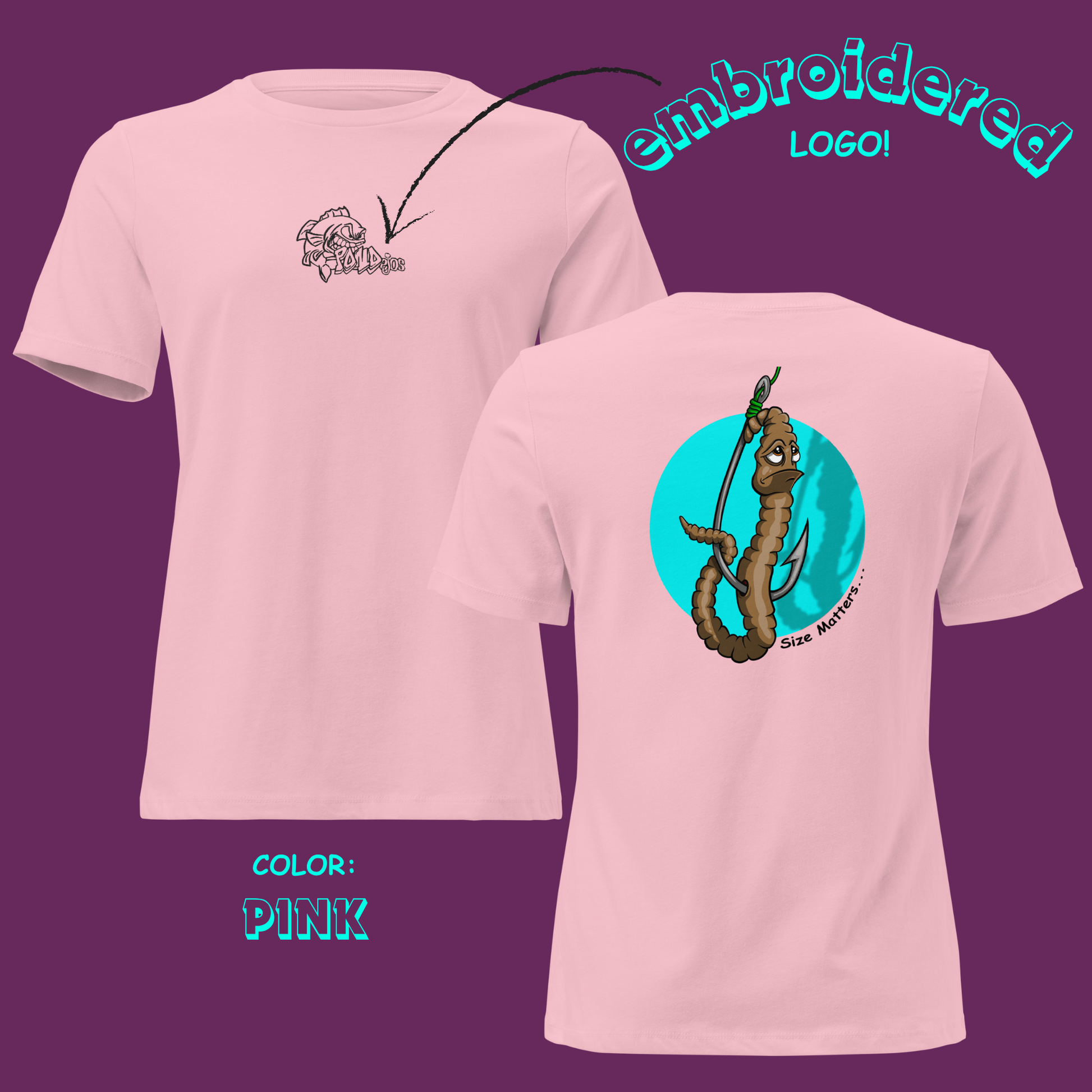 Pink t-shirt with embroidered logo on front and cartoon design on back, displayed against a purple background.