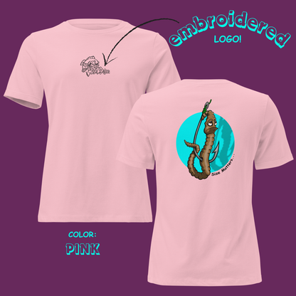 Pink t-shirt with embroidered logo on front and cartoon design on back, displayed against a purple background.