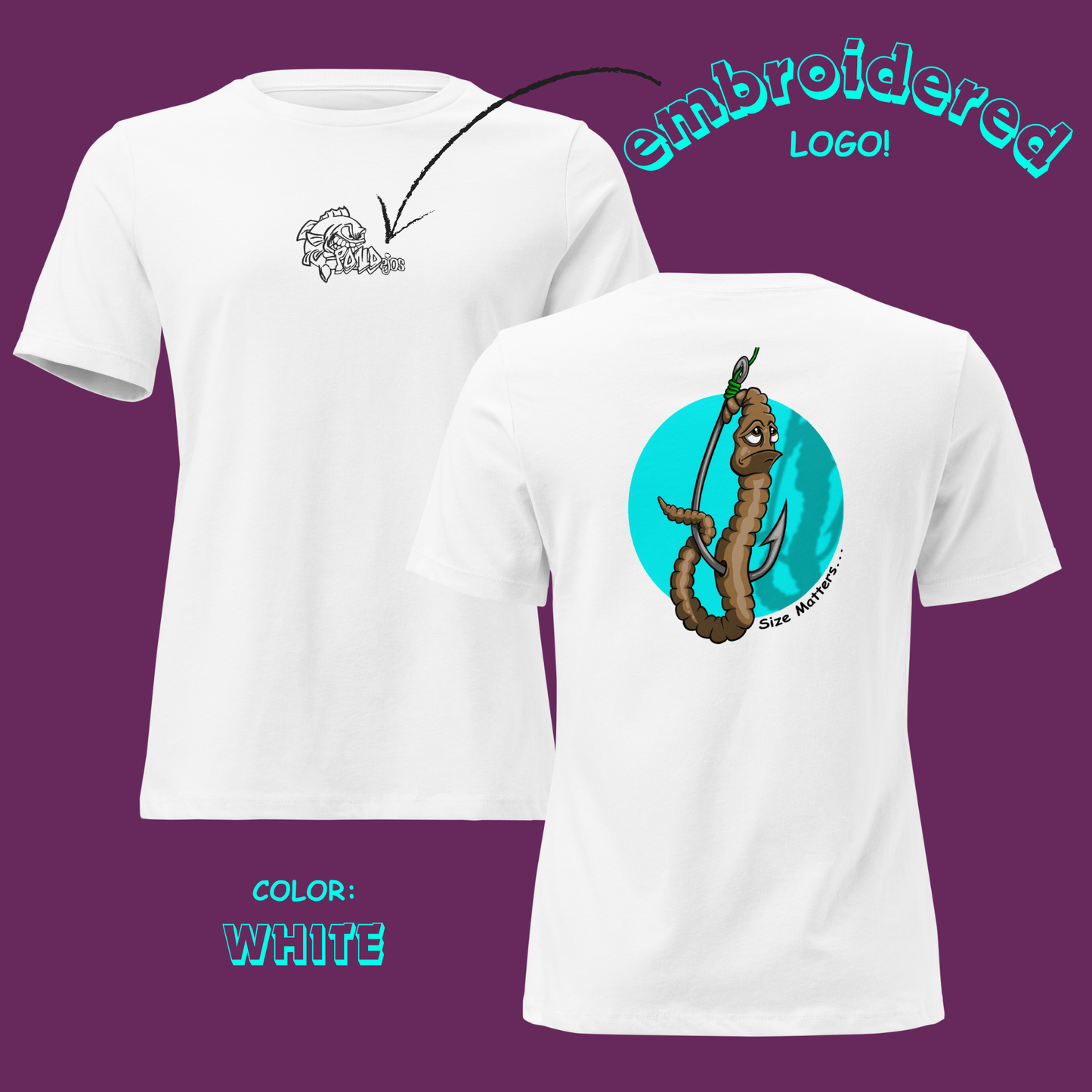 White t-shirt with embroidered logo on front and graphic design on back against a purple background