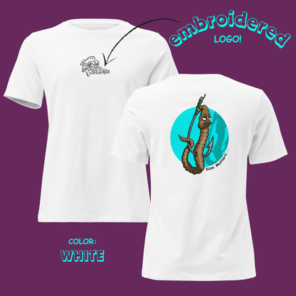 White t-shirt with embroidered logo on front and graphic design on back against a purple background